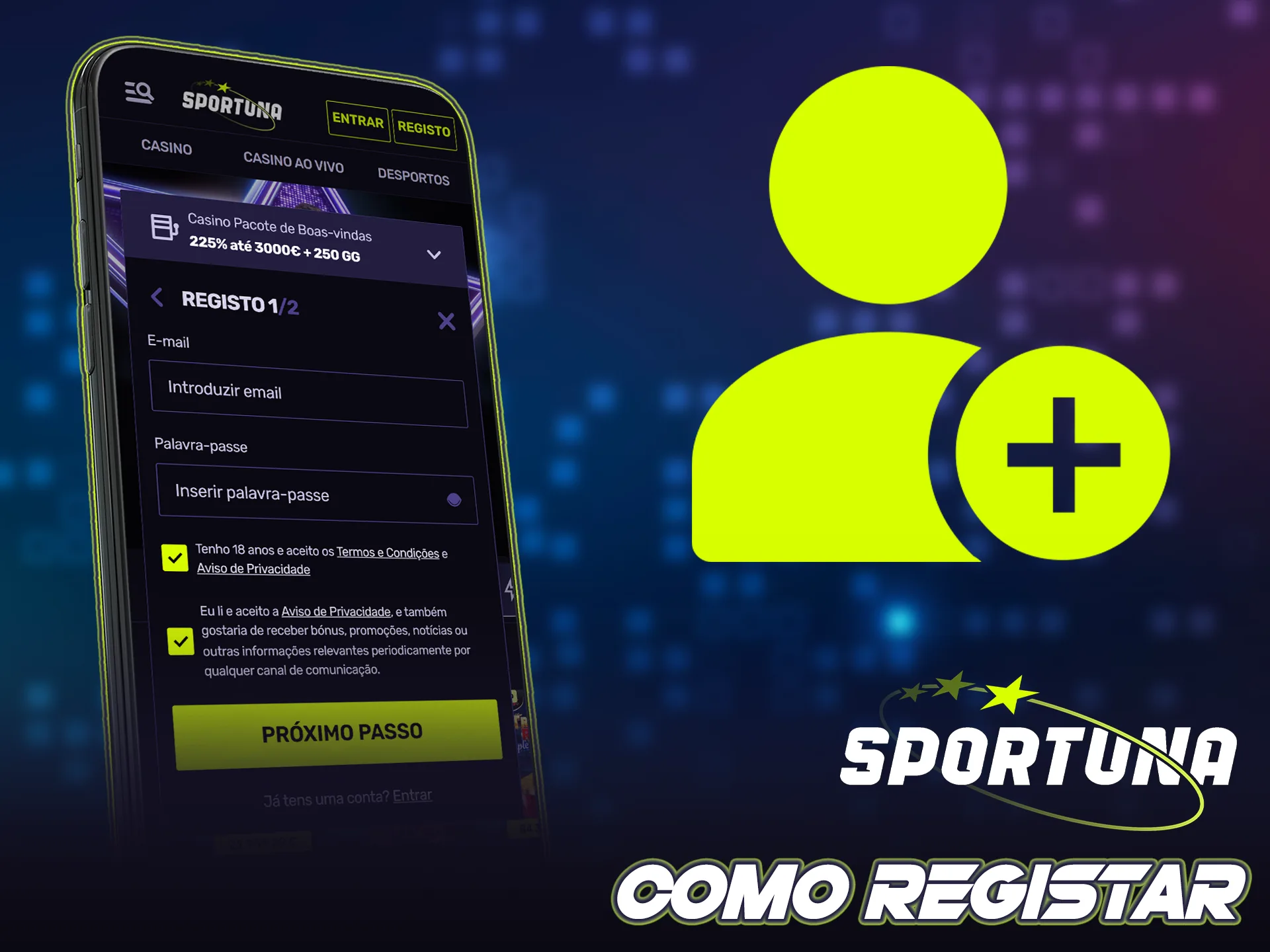 Registe a sua conta nova na app do Sportuna para lucrar.