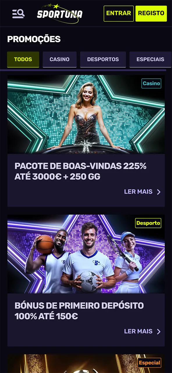 Ative promoções exclusivas na interface de bónus da app Sportuna.