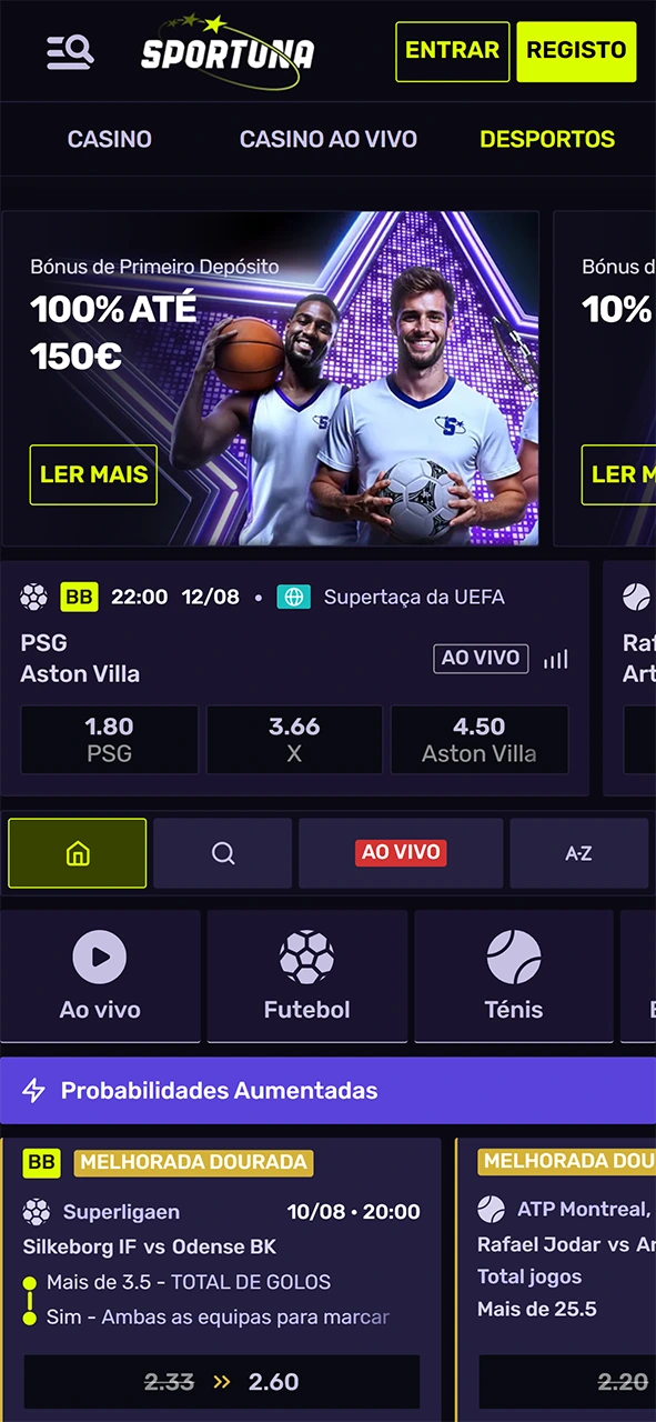 Faça apostas na secção desportiva da interface da app Sportuna.