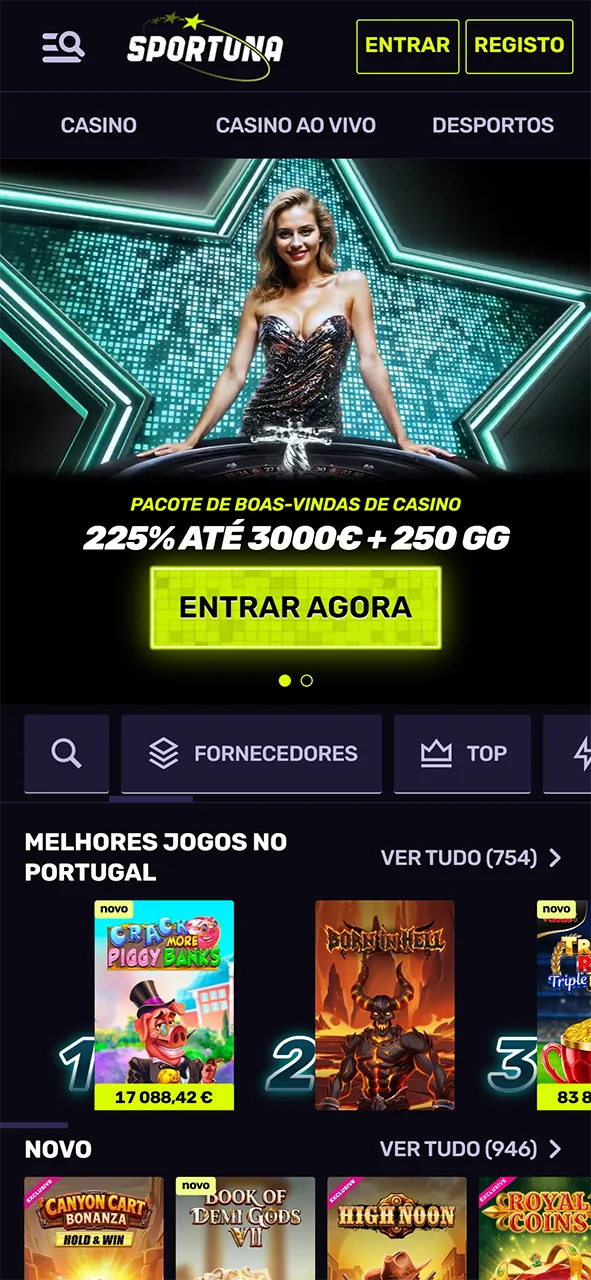 Explore a página principal na interface da app do Sportuna.