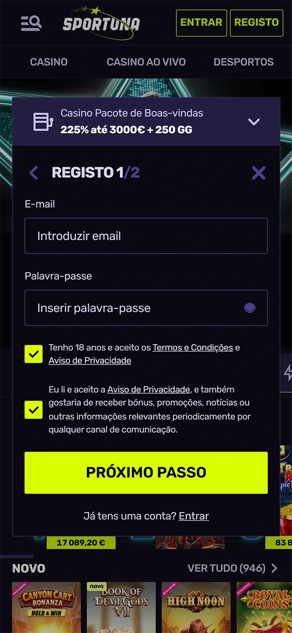 Crie conta através da interface de registo na app Sportuna.
