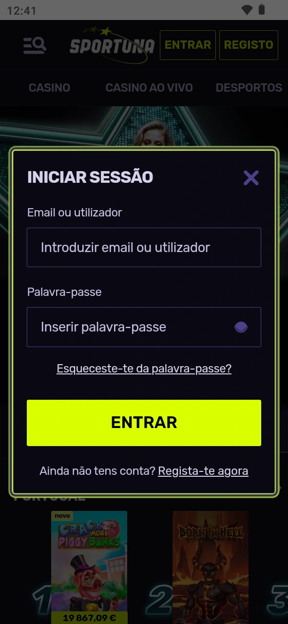 Inicie sessão e comece a lucrar na app Android Sportuna.