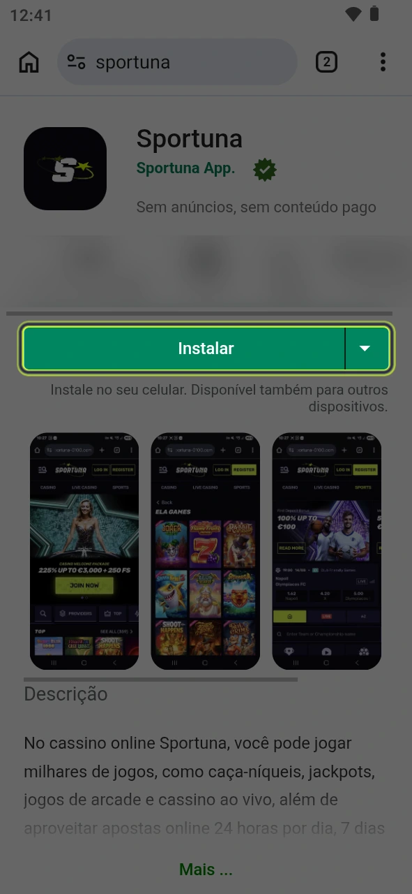 Pressione o botão para obter a app Android do Sportuna.