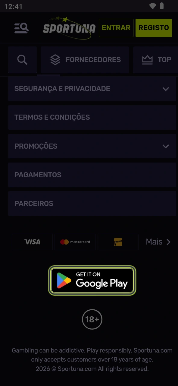 Vá até à loja para transferir a app Android Sportuna.