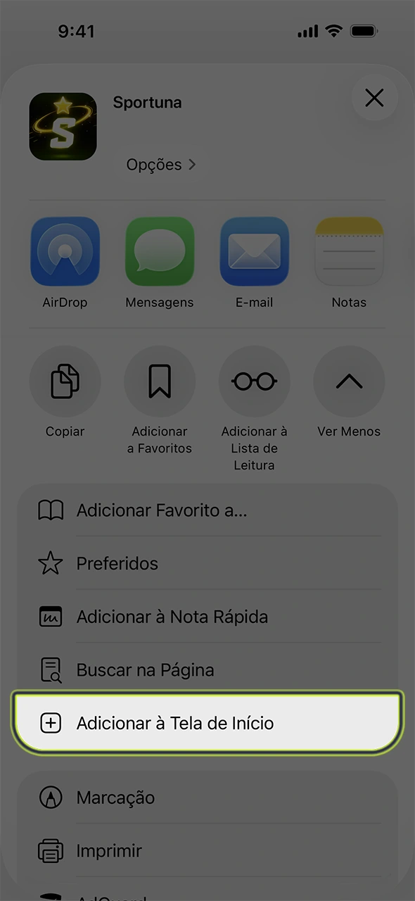 Coloque o atalho no ecrã para usar a app iOS Sportuna.