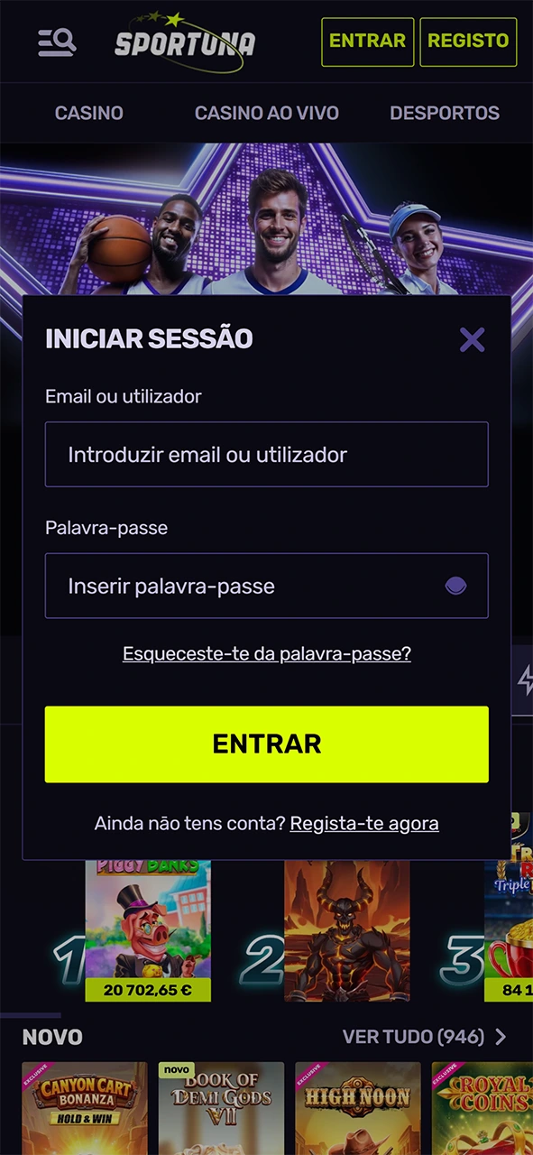 Inscreva-se ou entre no perfil da app iOS do Sportuna.