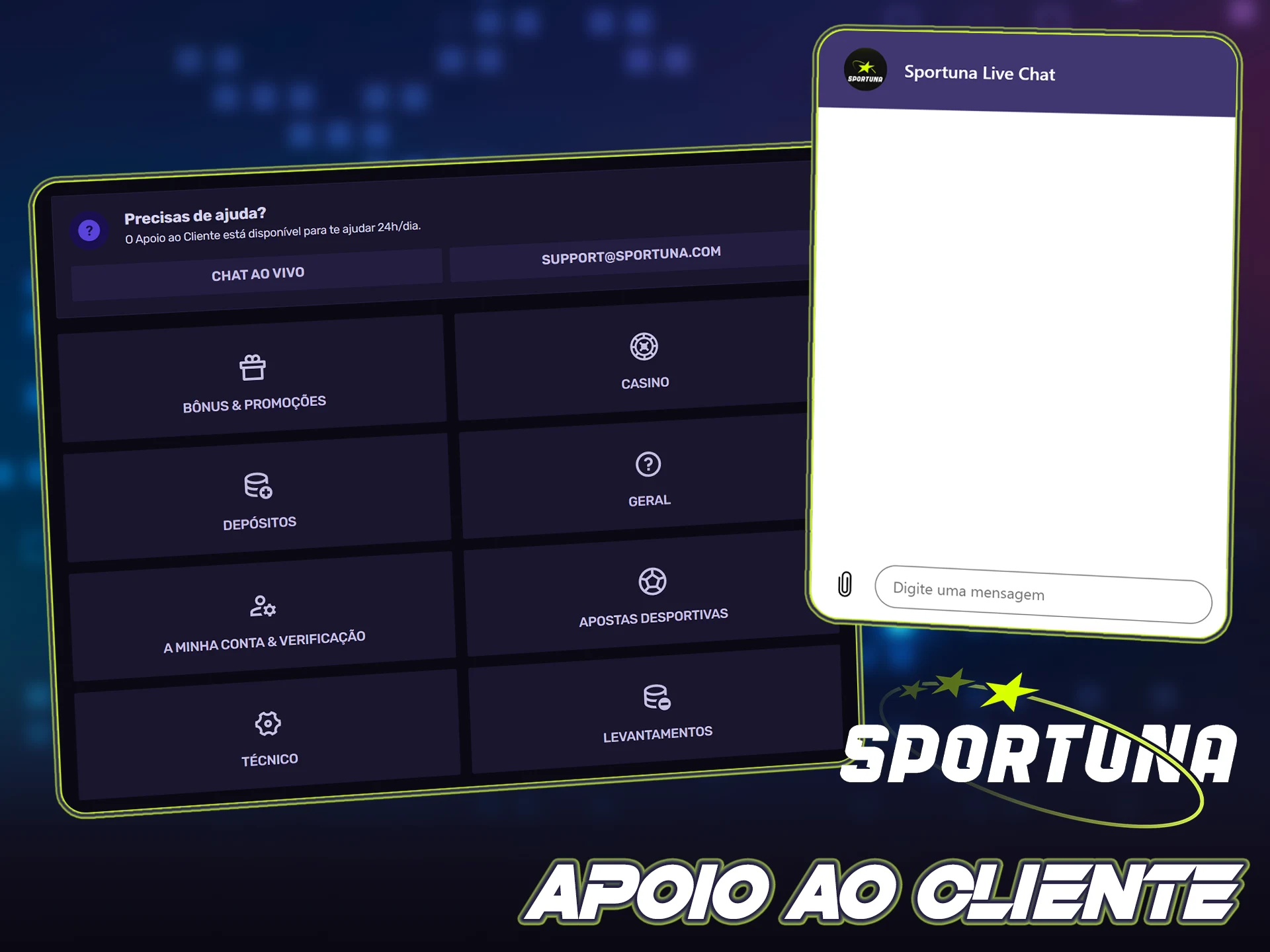 Contacte o suporte dedicado durante as sessões de casino ao vivo Sportuna.