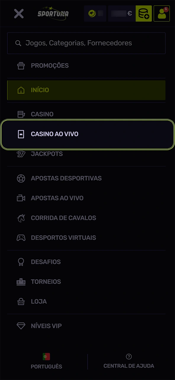Aceda à secção principal para jogar no casino ao vivo Sportuna.
