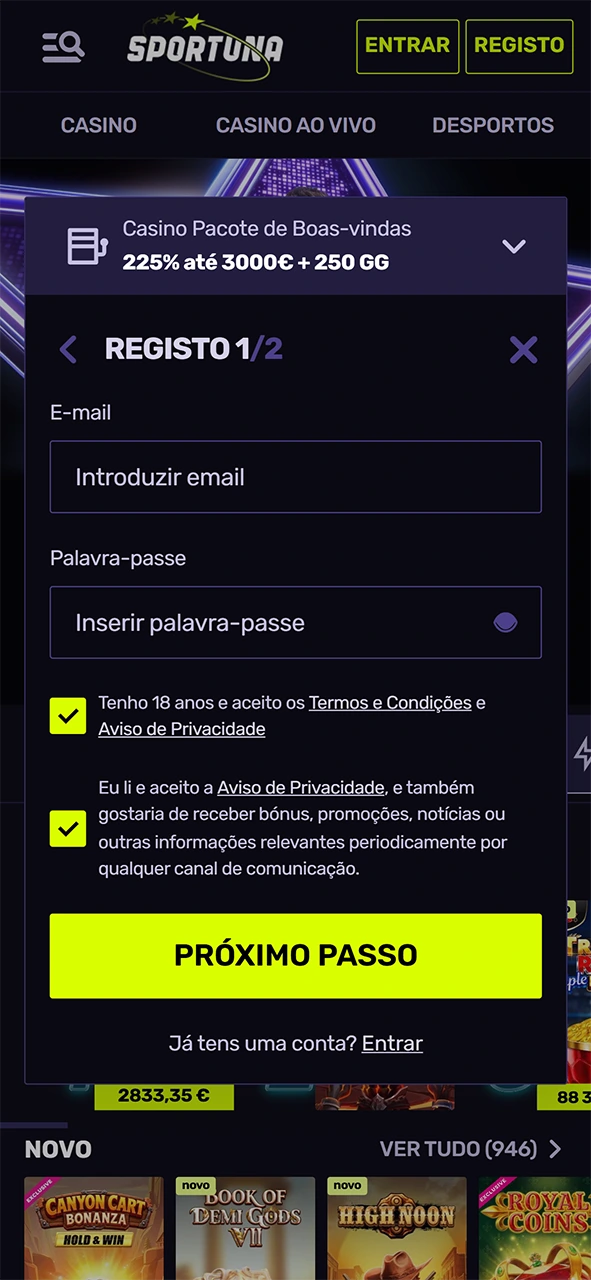 Clique no botão para começar a jogar no casino ao vivo Sportuna.
