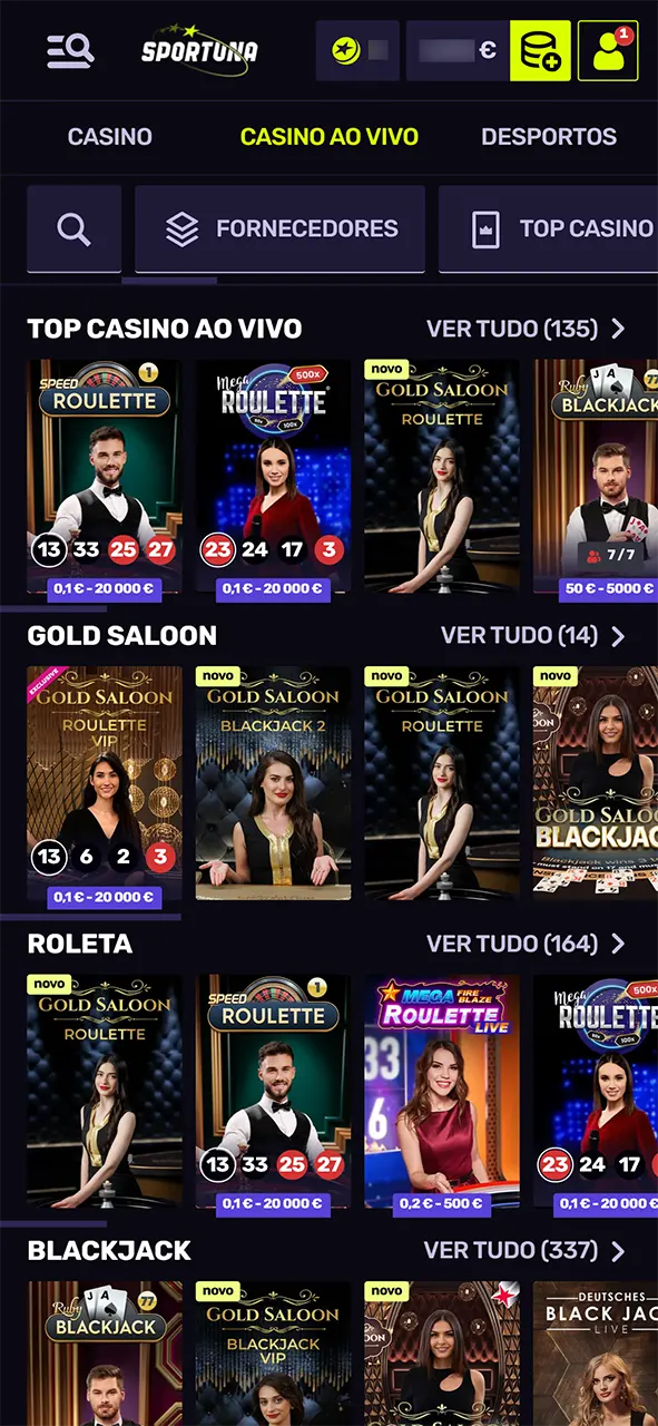 Entre na mesa preferida e comece a jogar no casino ao vivo Sportuna.