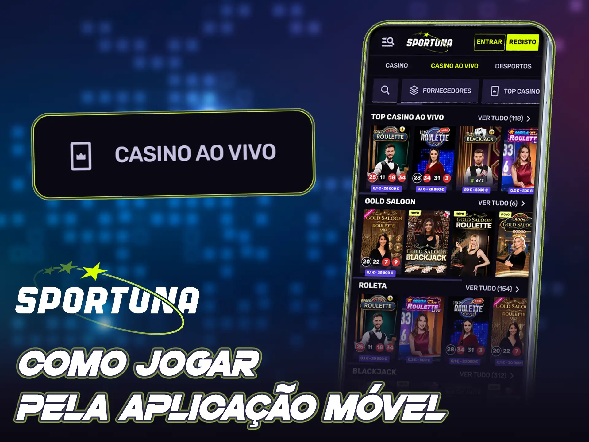 Jogue no casino ao vivo através da aplicação móvel da Sportuna.