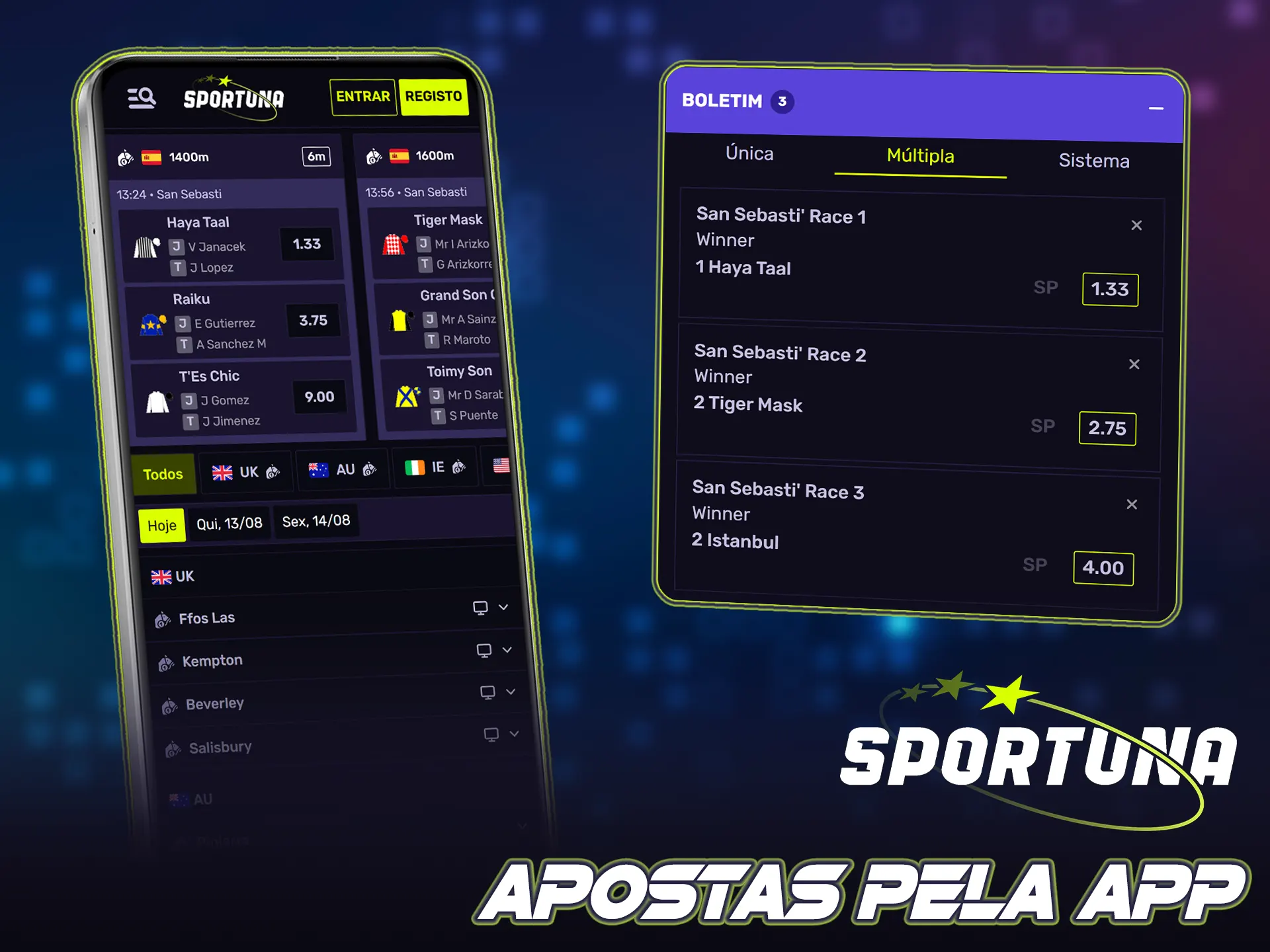 Utilize a app da Sportuna para apostar em corridas de cavalos.