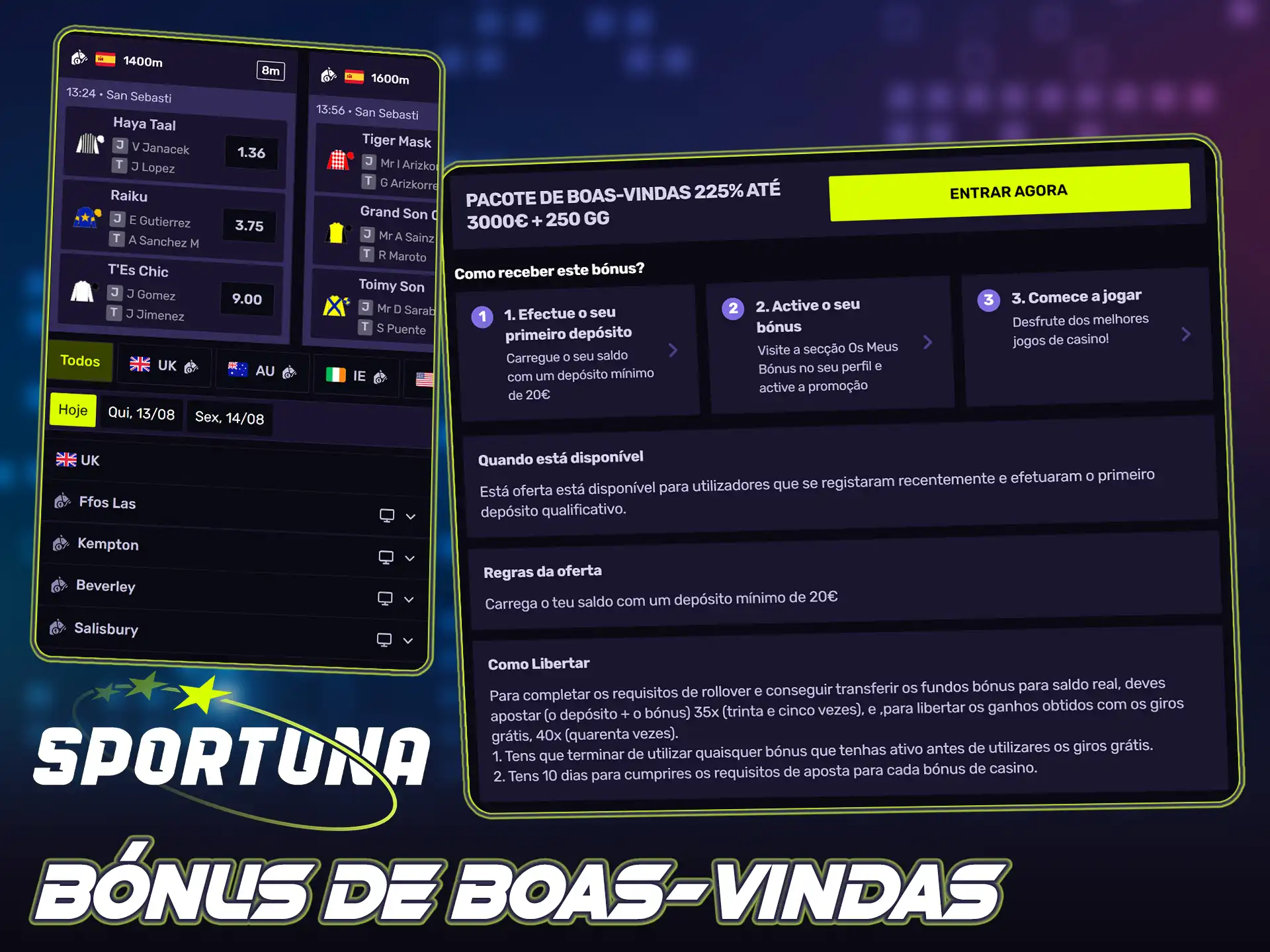 Aproveite o bónus de boas-vindas da Sportuna em corridas de cavalos.