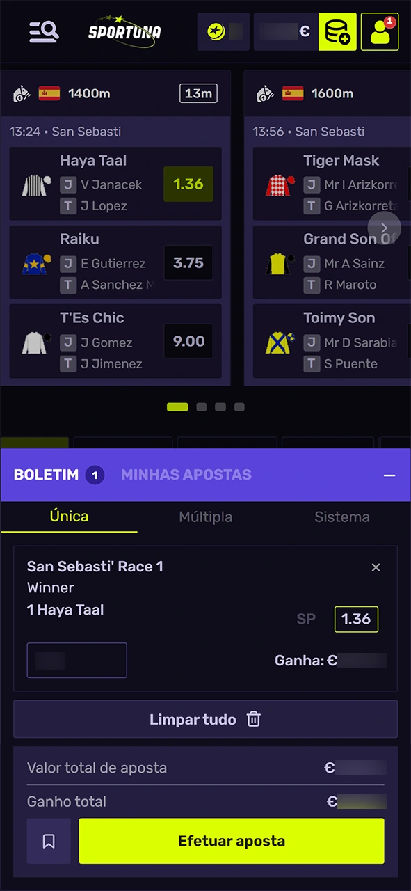 Submeta o seu bilhete ao apostar em corridas de cavalos na Sportuna.