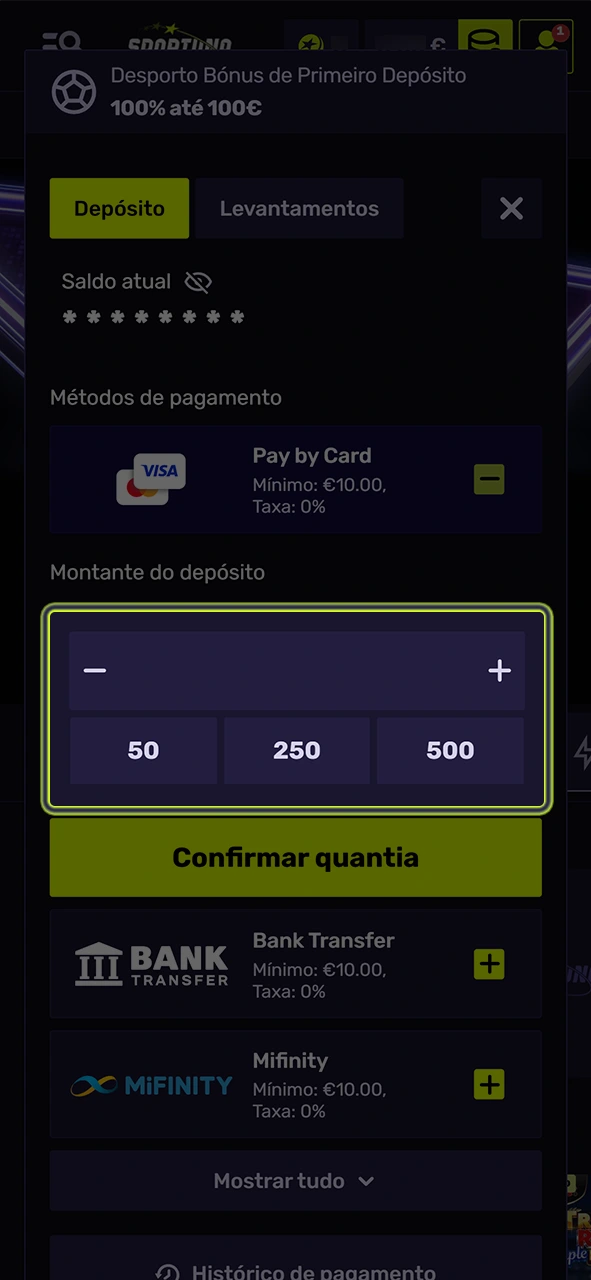 Defina a quantia desejada para efetuar o depósito na Sportuna.