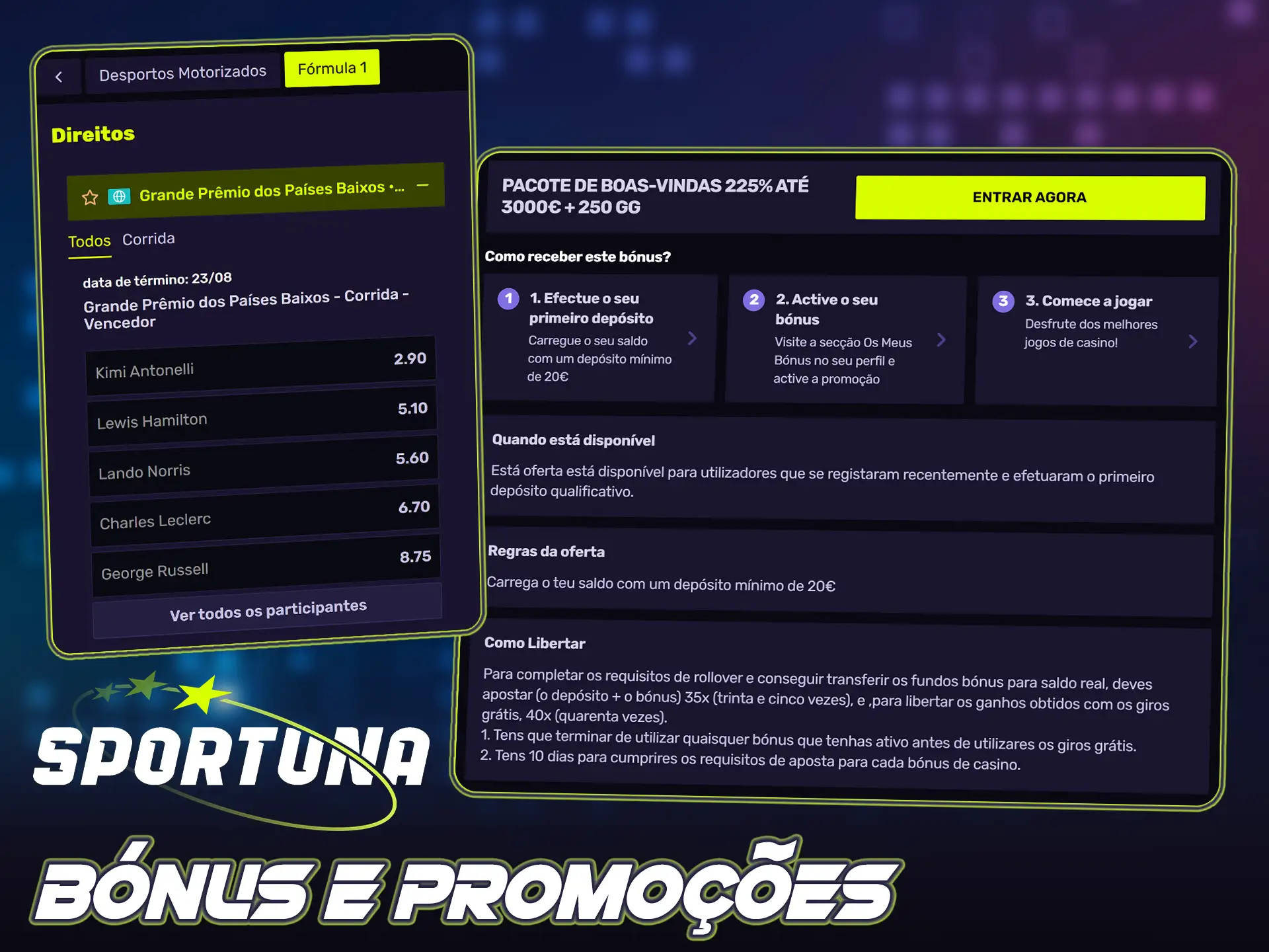 Ative promoções exclusivas da Sportuna para apostar em Fórmula 1.