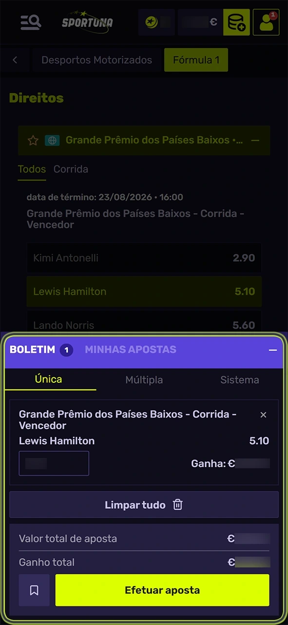 Confirme o boletim final para apostar em Fórmula 1 na Sportuna.