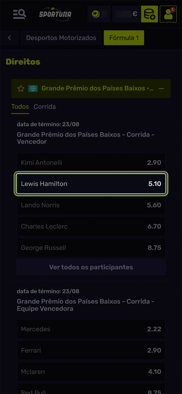 Selecione as corridas de Fórmula 1 para apostar na Sportuna.