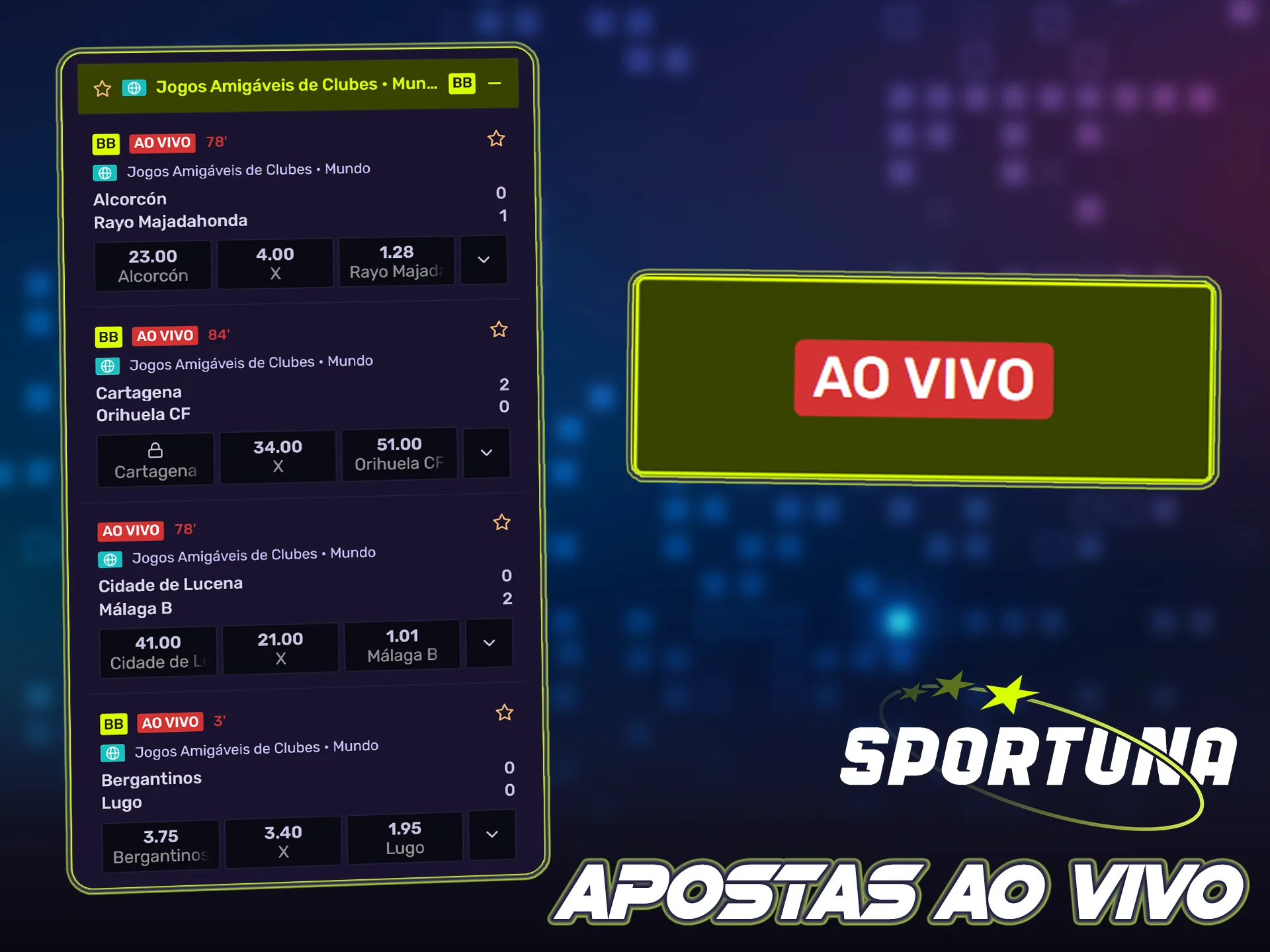 Aposte ao vivo em futebol e aproveite mercados dinâmicos na Sportuna.