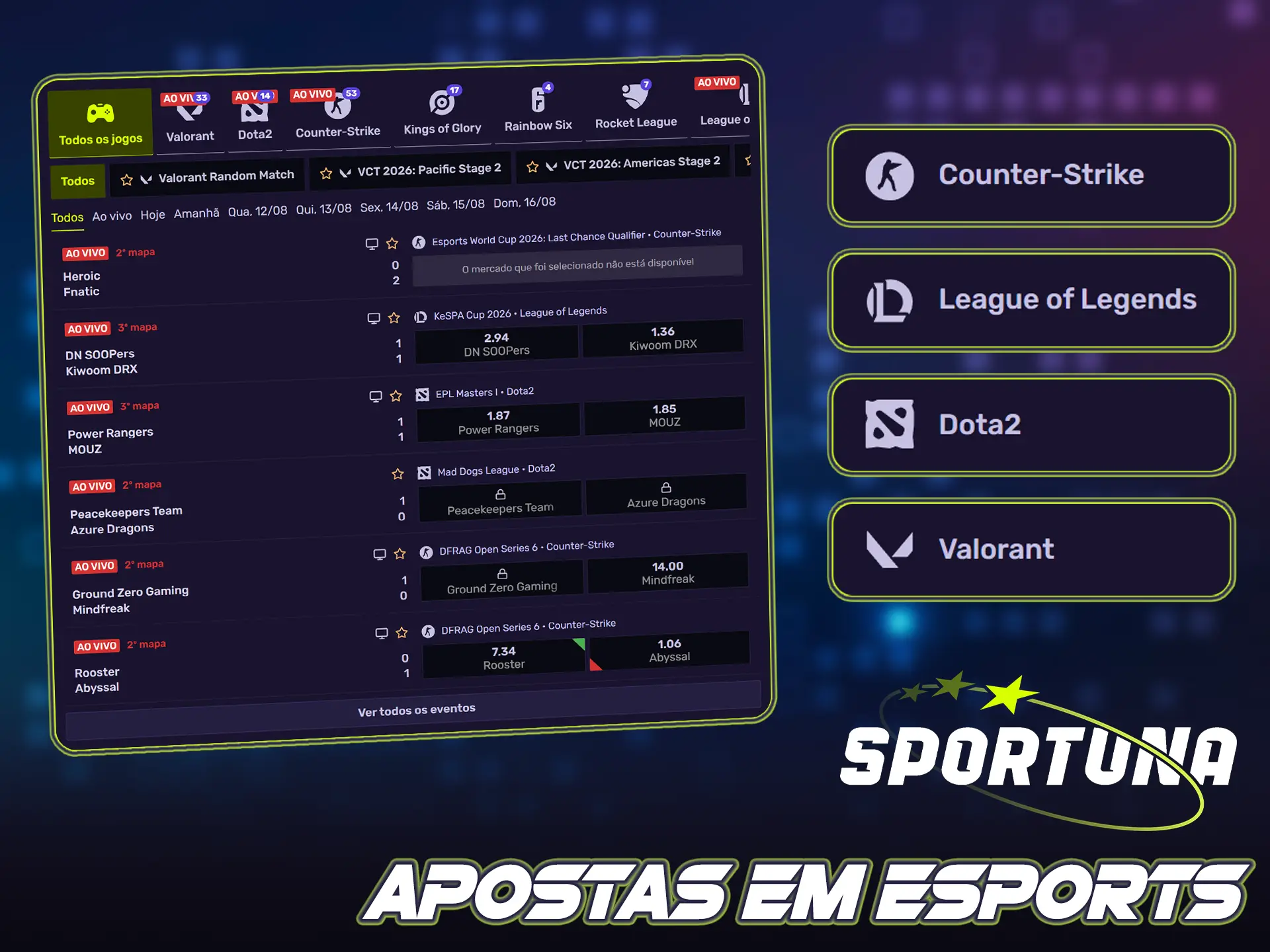 Faça palpites nos principais torneios de esports através do Sportuna.