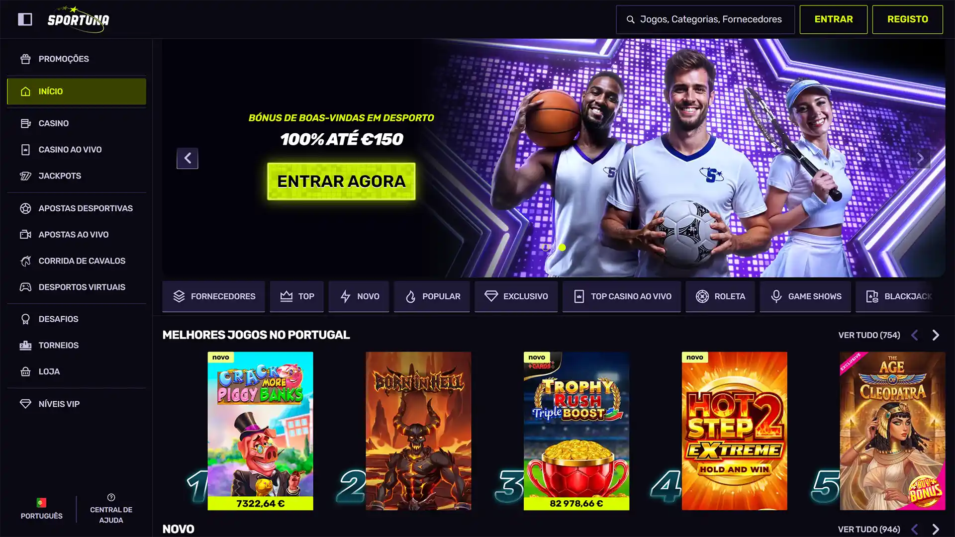 Navegue pela página principal do website Sportuna e comece a jogar.