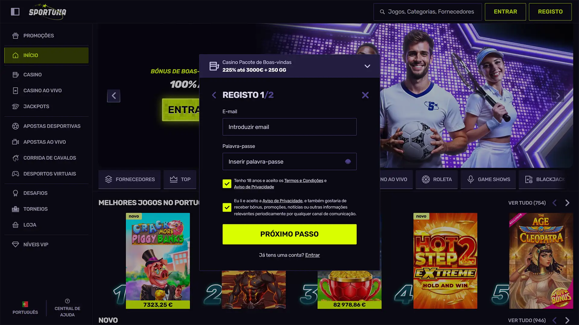 Preencha o formulário de inscrição no website Sportuna para participar.