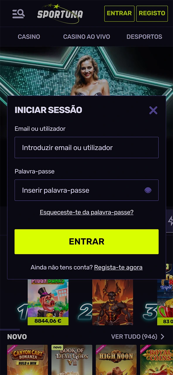 Entre na sua conta para iniciar a aposta no Sportuna.