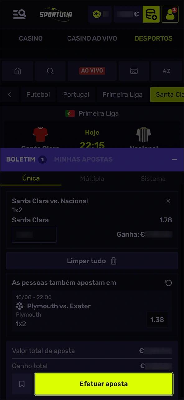 Finalize o bilhete gerado e valide a aposta no Sportuna.
