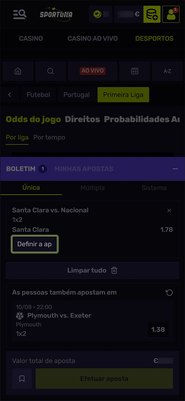 Insira o montante desejado para a sua aposta no Sportuna.