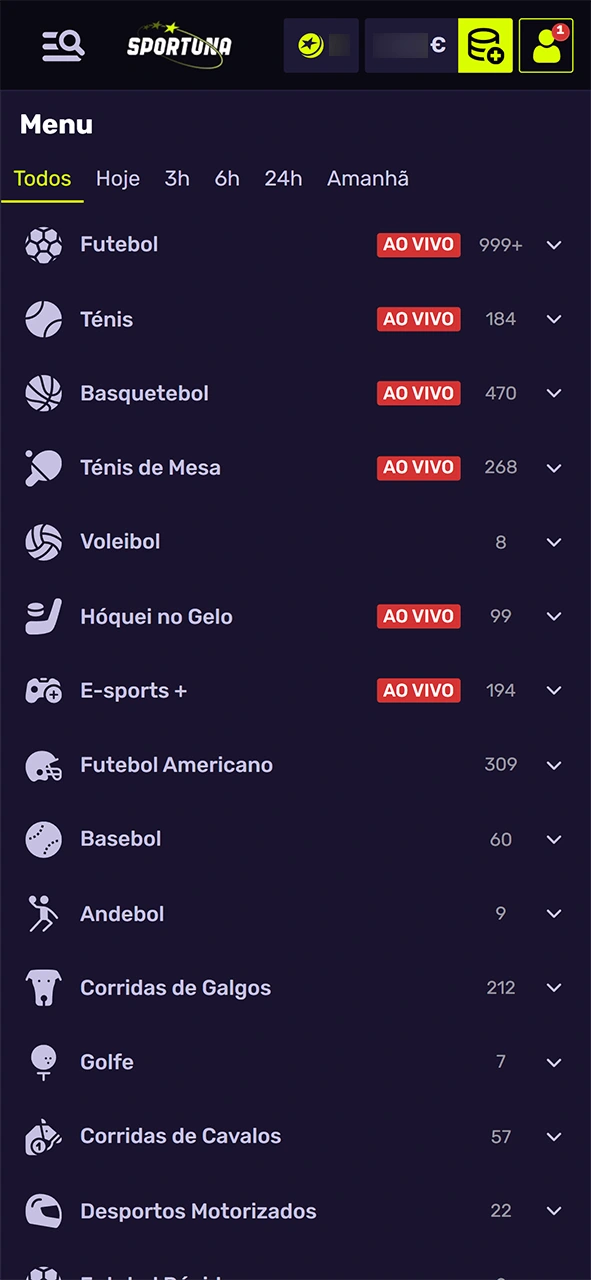 Selecione o desporto favorito para realizar a sua aposta Sportuna.