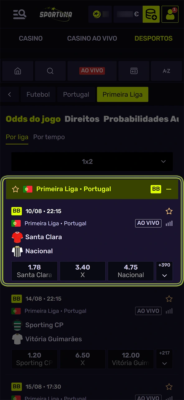 Encontre a partida ideal e defina a aposta no Sportuna.