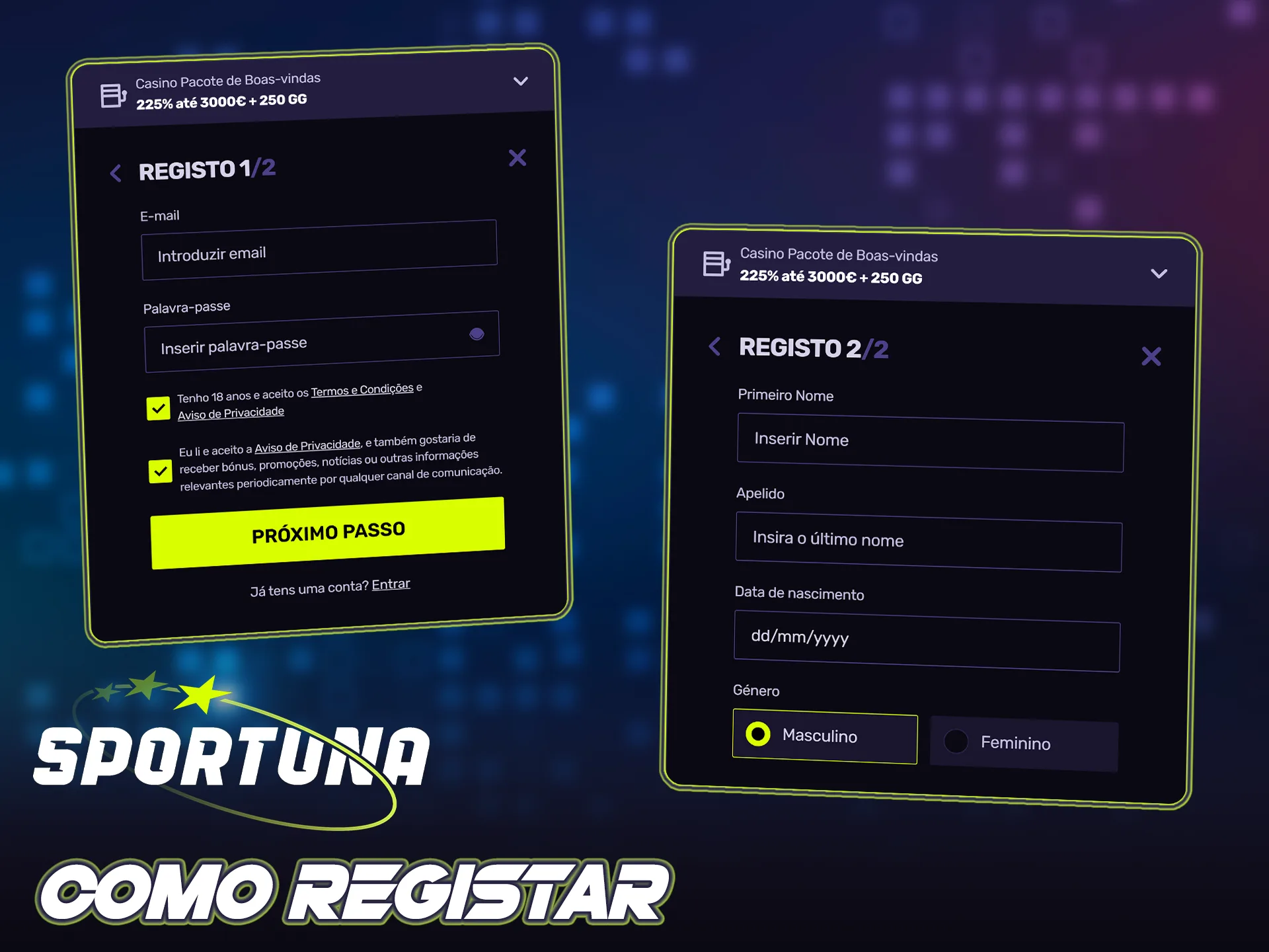 Crie a sua conta no Sportuna para começar a apostar.