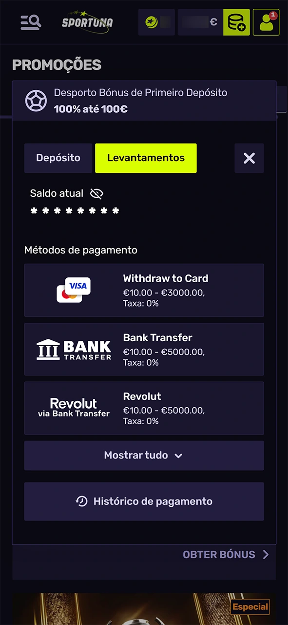 Aceda à secção de pagamentos para levantar fundos na Sportuna.