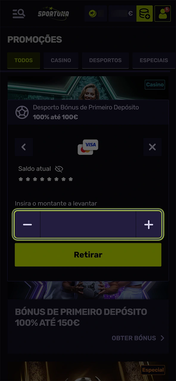 Digite o valor que pretende levantar da sua conta Sportuna.