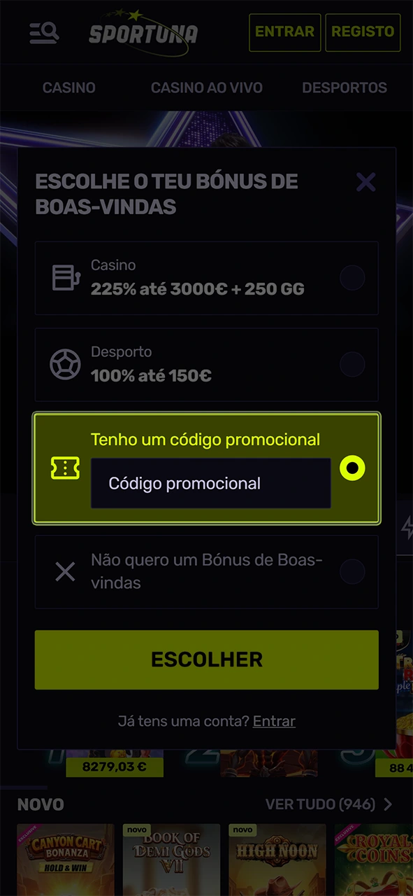 Insira o seu código para ativar bónus e promoções na Sportuna.