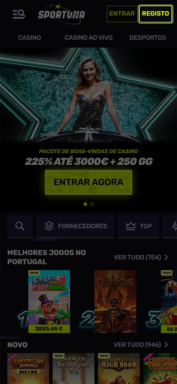 Pressione a opção destacada para começar o registo na Sportuna.