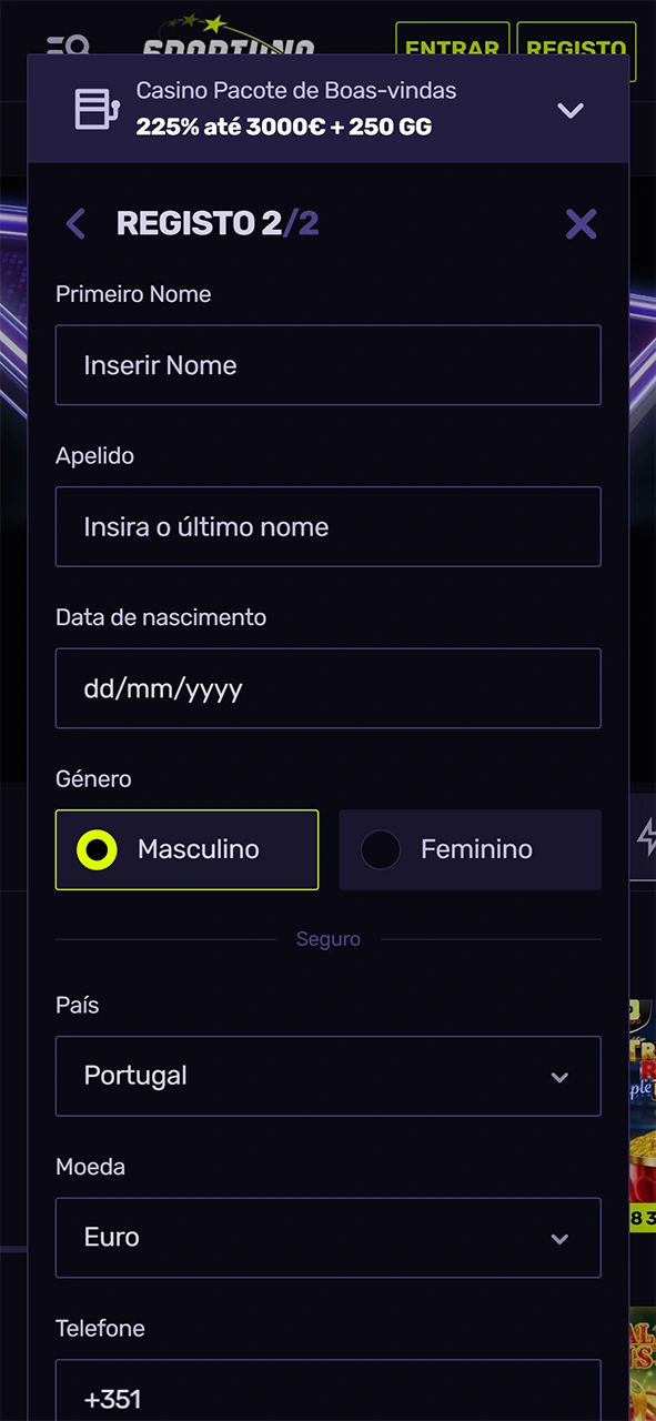 Insira as suas informações corretas durante o registo na Sportuna.