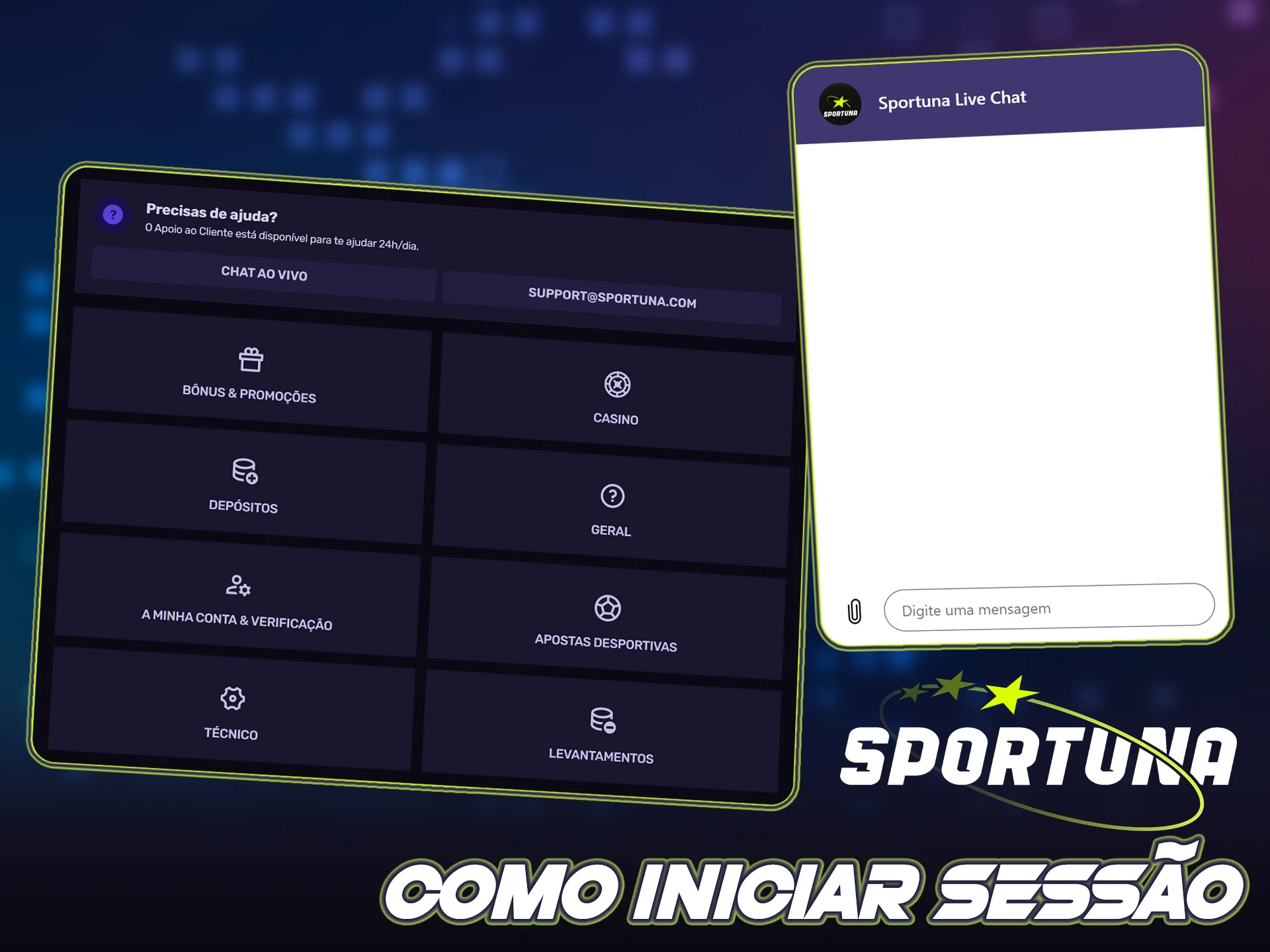 Peça ajuda ao suporte oficial da Sportuna sobre o seu registo.