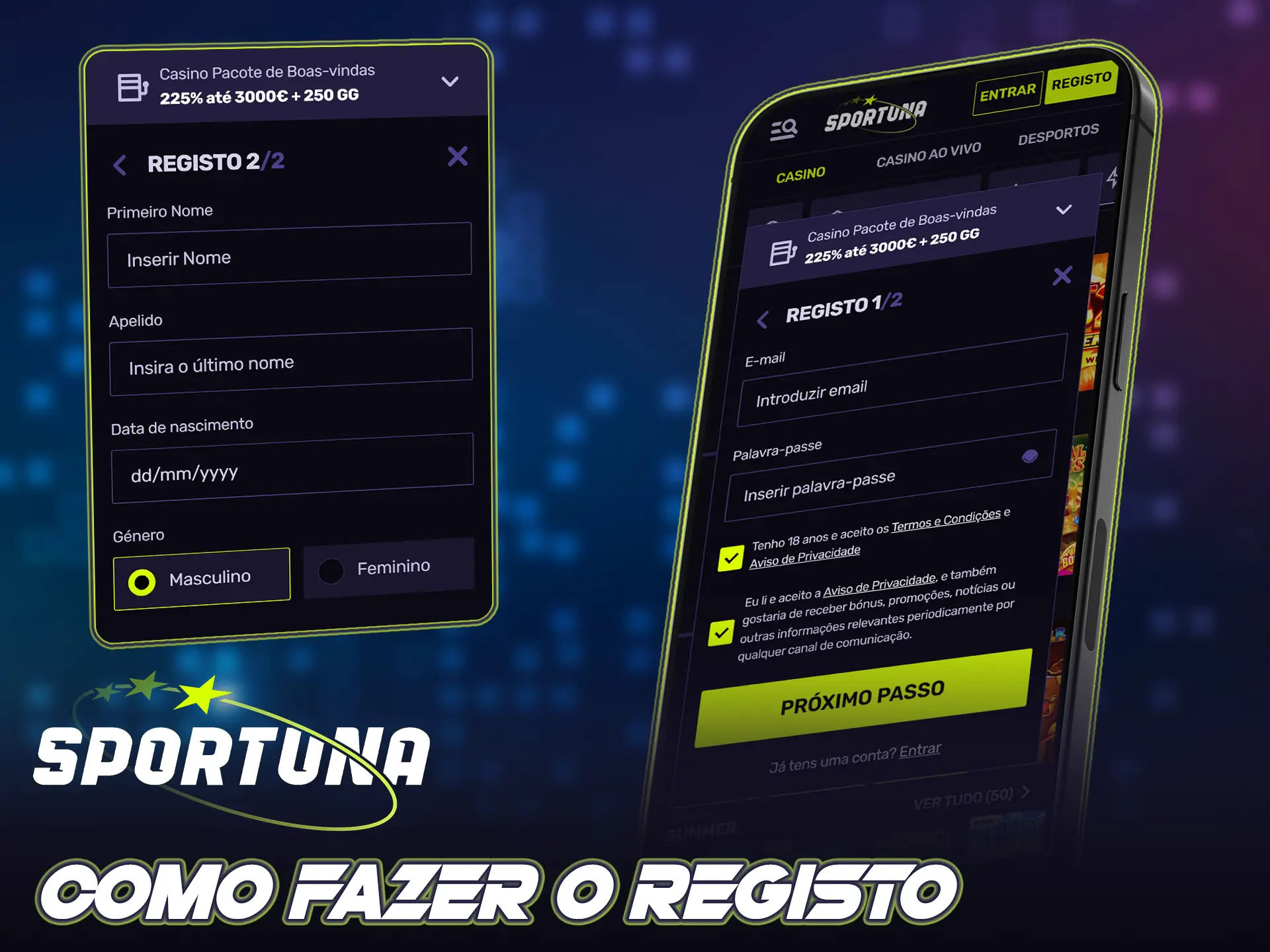 Faça o registo através do telemóvel para aceder à Sportuna.