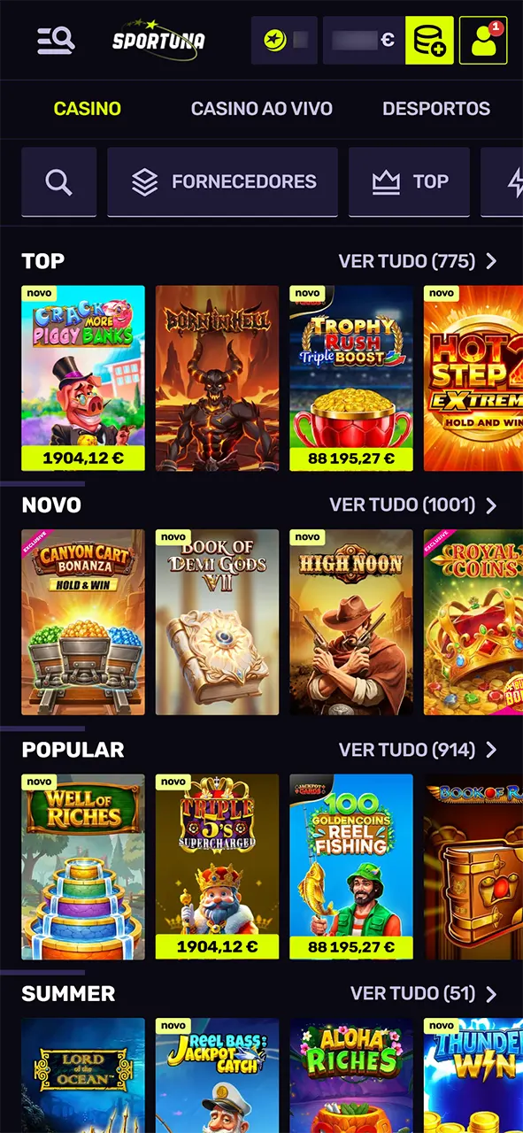 Selecione o seu título favorito para jogar slots na Sportuna.