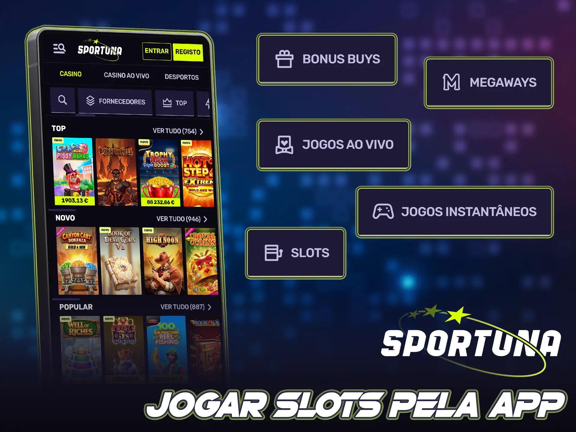 Instale a aplicação móvel da Sportuna para apostar em slots.
