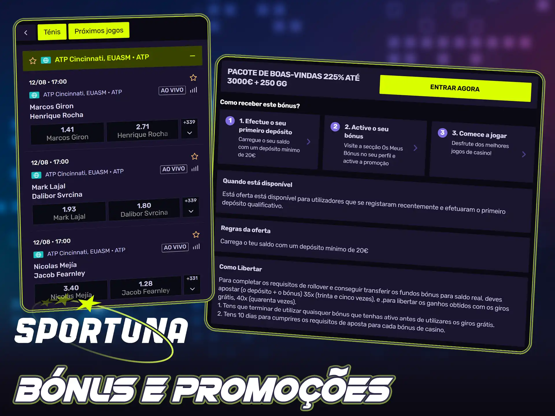 Ative bónus e ofertas especiais na Sportuna para apostas em ténis.