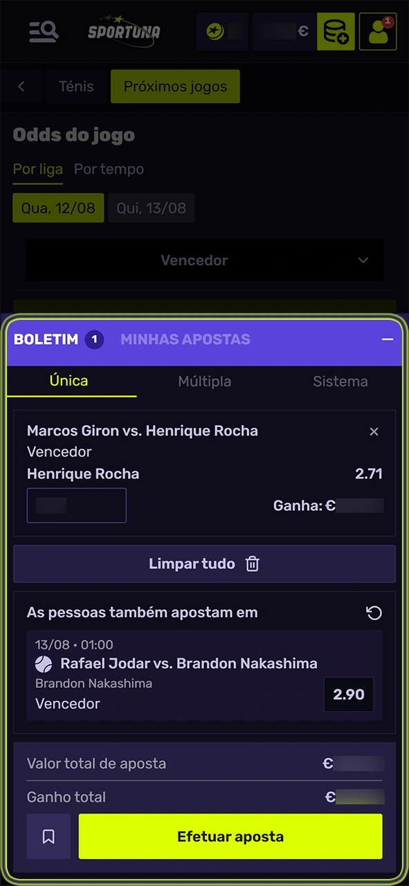 Finalize o boletim na Sportuna para apostar em partidas de ténis.