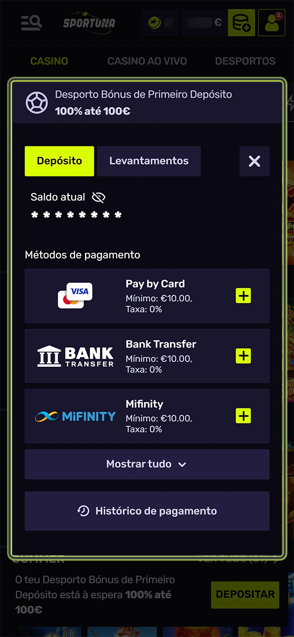Efetue um depósito na Sportuna para começar a apostar em ténis.