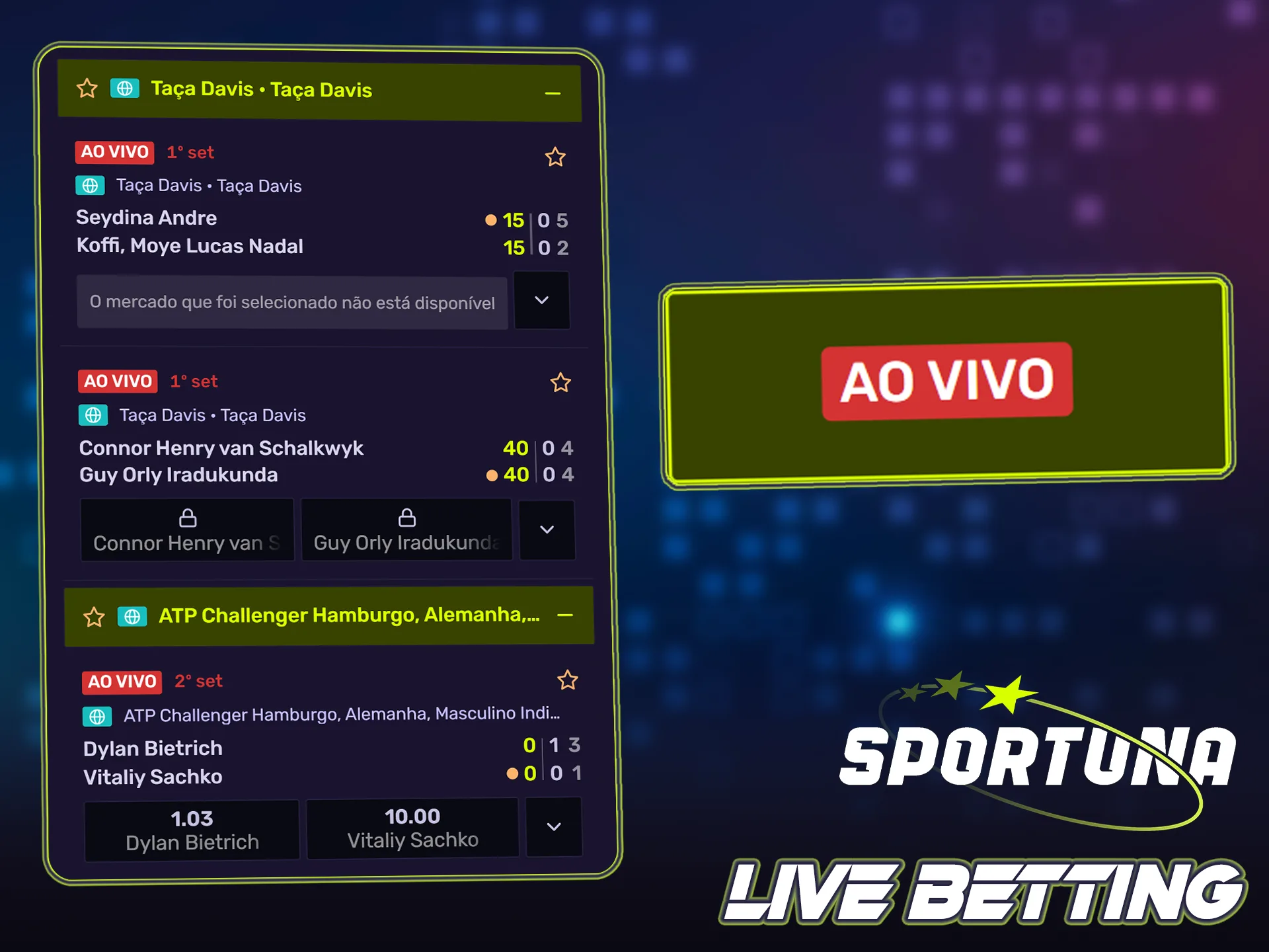 Aposte em tempo real no ténis através da plataforma Sportuna.